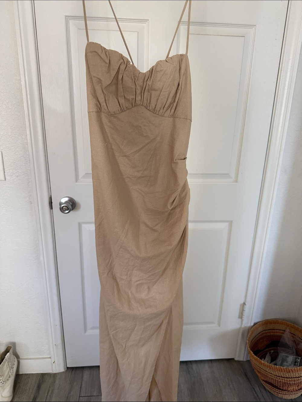 Zara Beige Spaghetti-Strap Maxi Dress - Neutral Linen Look